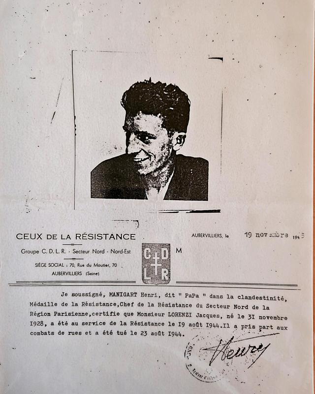 Certificat "Ceux de la résistance" établit le 19 novembre 1945